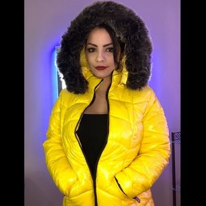 Size Medium How Dare U yellow fur-lined hood coat